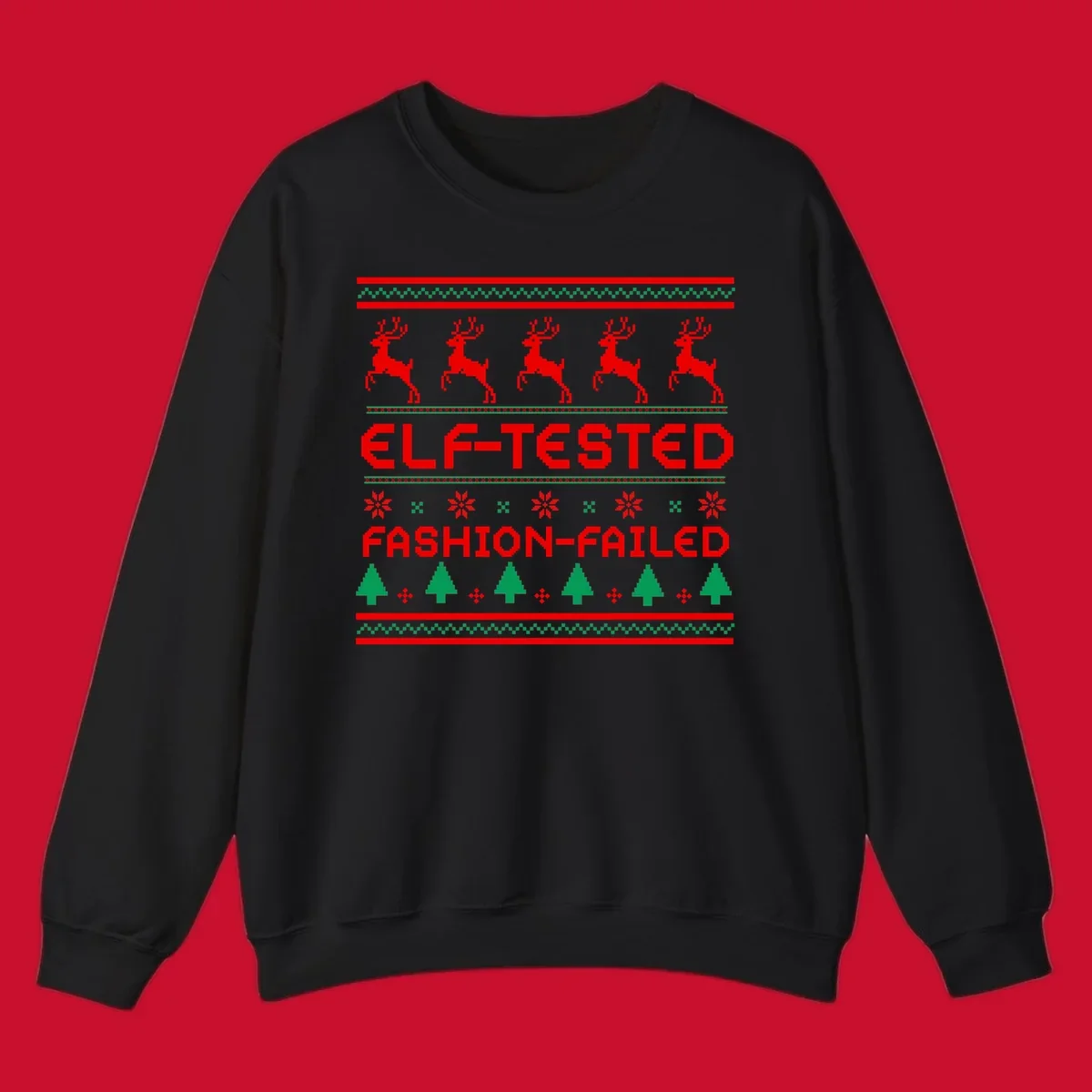 Elf-tested fashion-failed ugly christmas design with reindeer and trees.