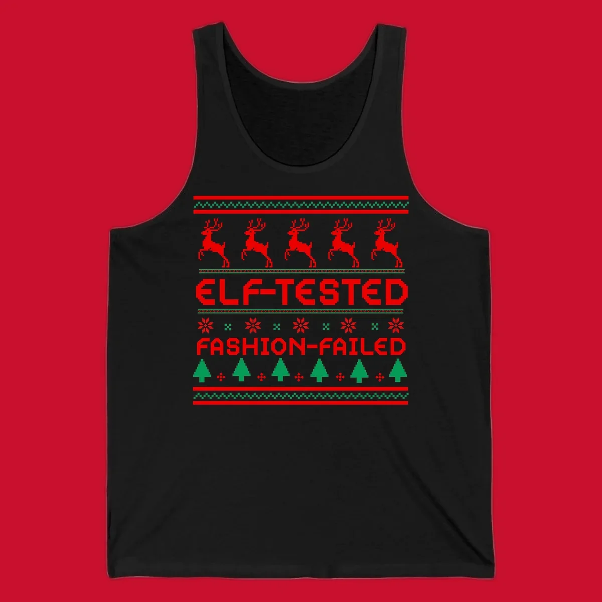 Elf-tested fashion-failed ugly christmas design with reindeer and trees.