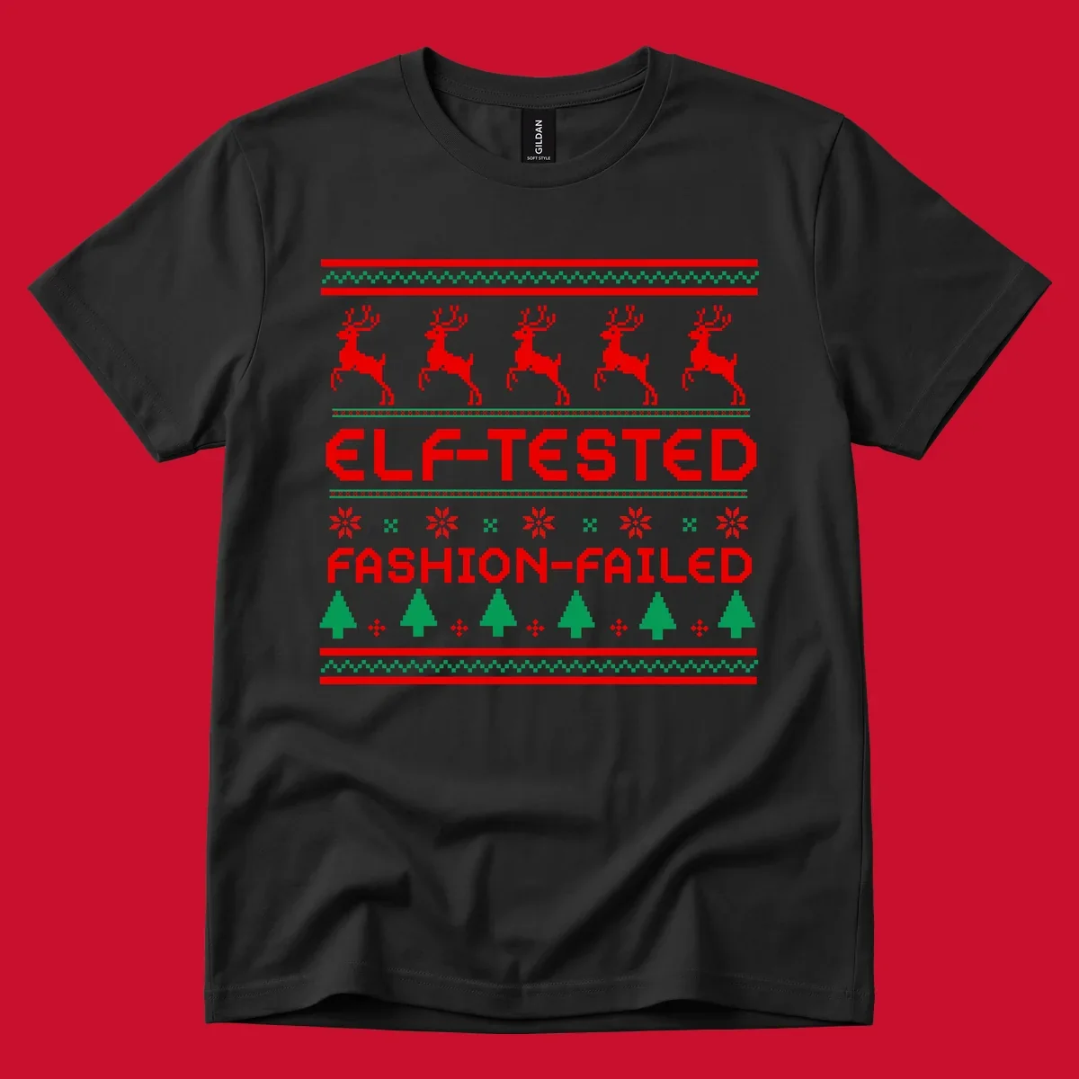 Elf-tested fashion-failed ugly christmas design with reindeer and trees.