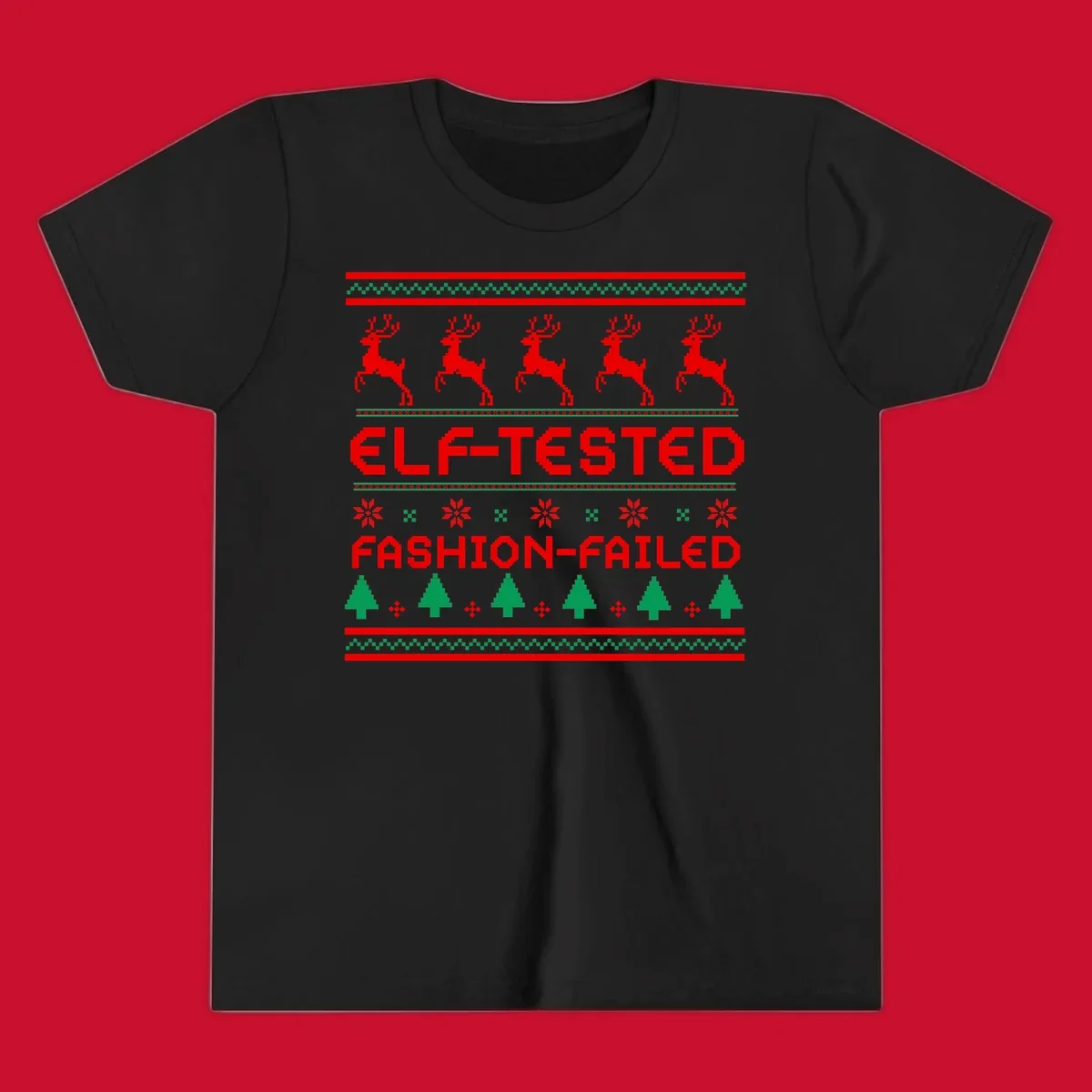 Elf-tested fashion-failed ugly christmas design with reindeer and trees.