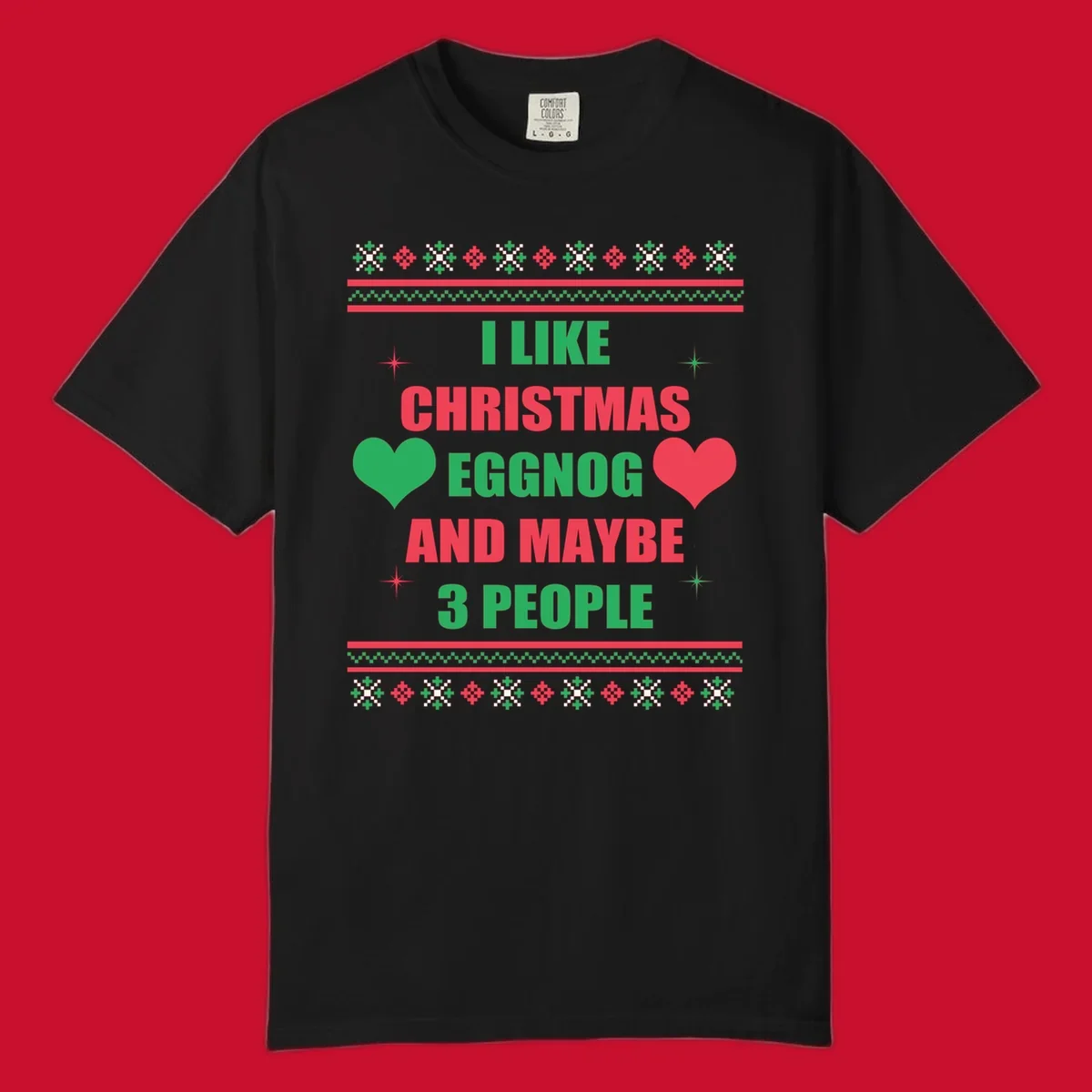 Christmas eggnog and maybe 3 people text design with hearts and festive border. Christmas-eggnog-people.
