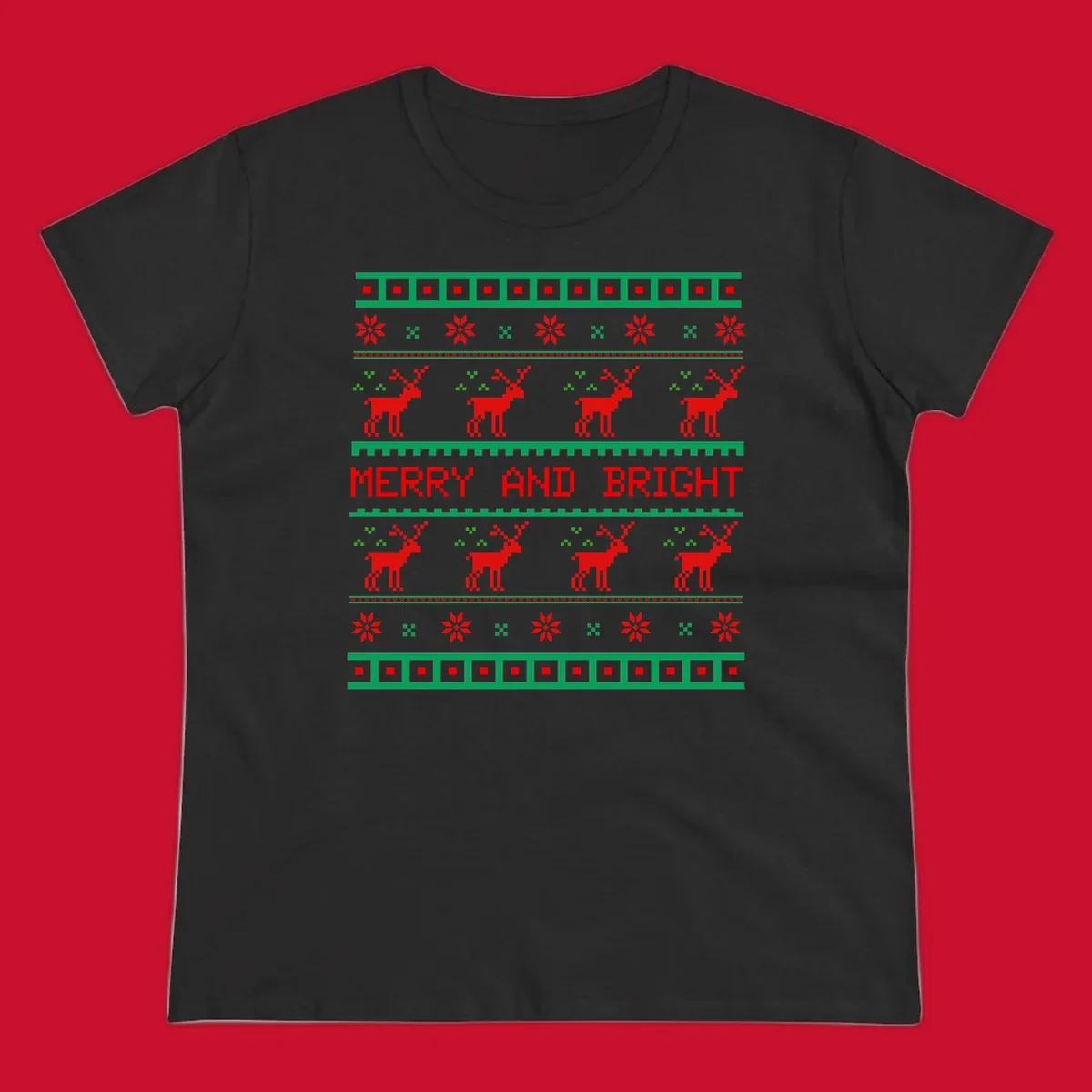 Ugly Christmas sweater pattern with reindeer and 'Merry and Bright' text, red and green on black.