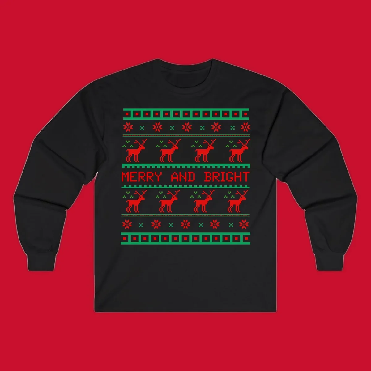 Ugly Christmas sweater pattern with reindeer and 'Merry and Bright' text, red and green on black.
