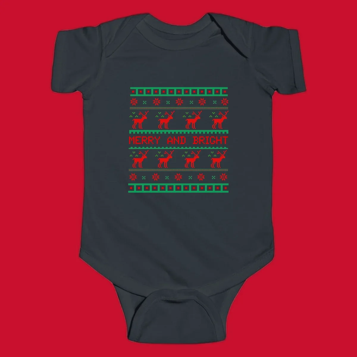 Ugly Christmas sweater pattern with reindeer and 'Merry and Bright' text, red and green on black.