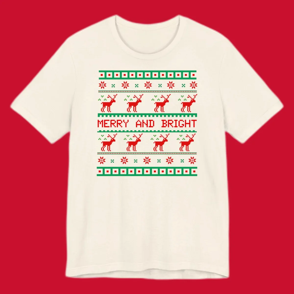 Ugly Christmas sweater pattern with reindeer and 'Merry and Bright' text, red and green on black.