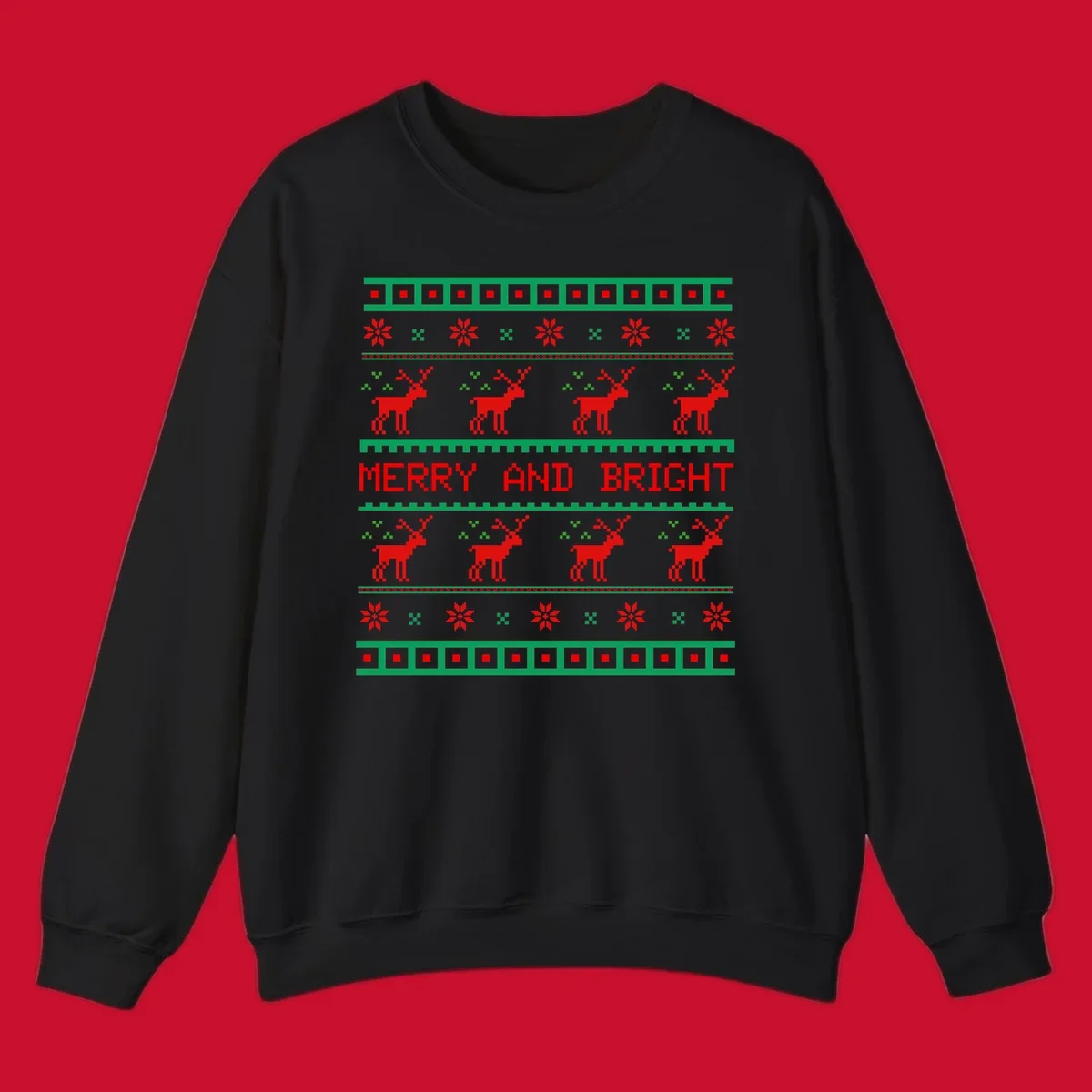 Ugly Christmas sweater pattern with reindeer and 'Merry and Bright' text, red and green on black.