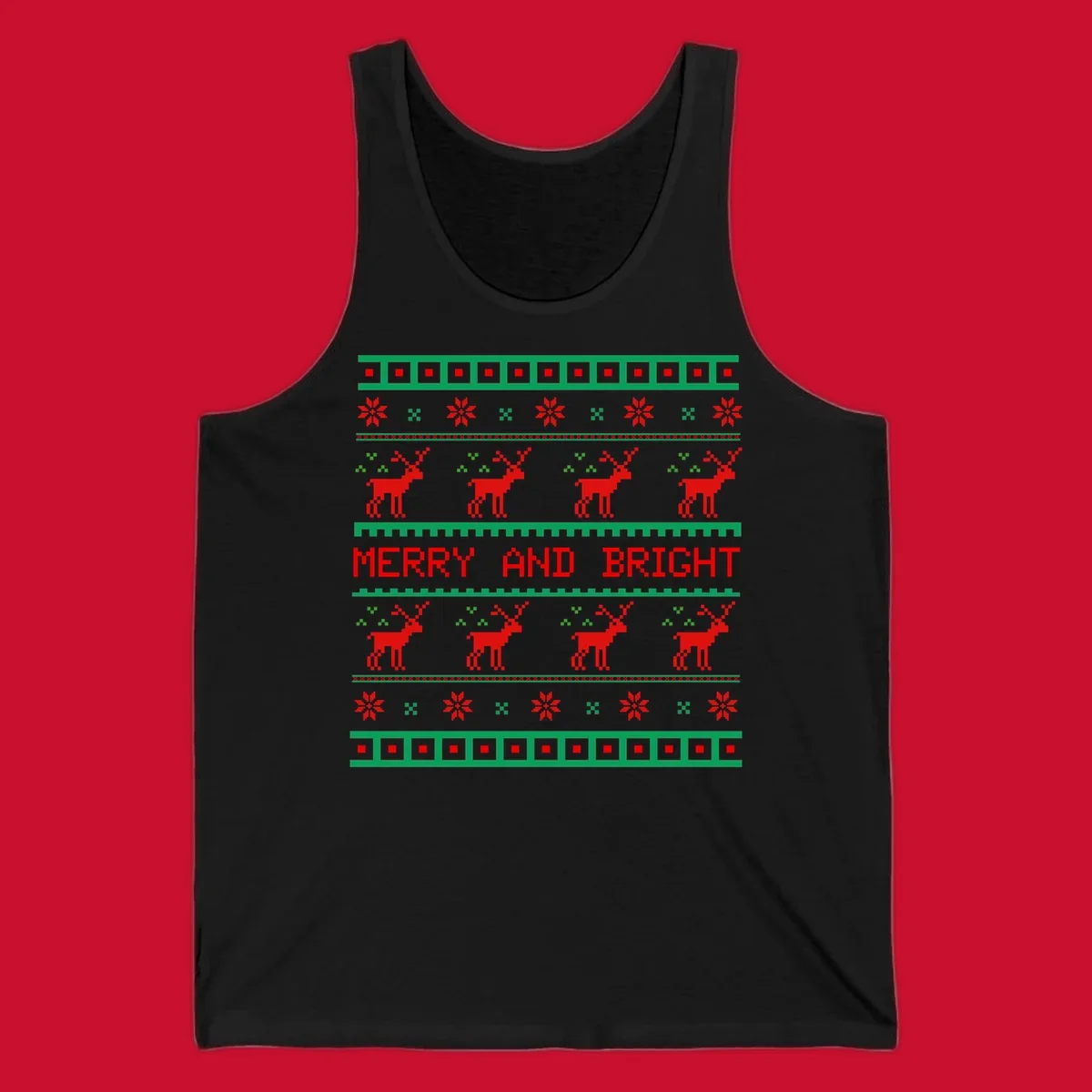 Ugly Christmas sweater pattern with reindeer and 'Merry and Bright' text, red and green on black.