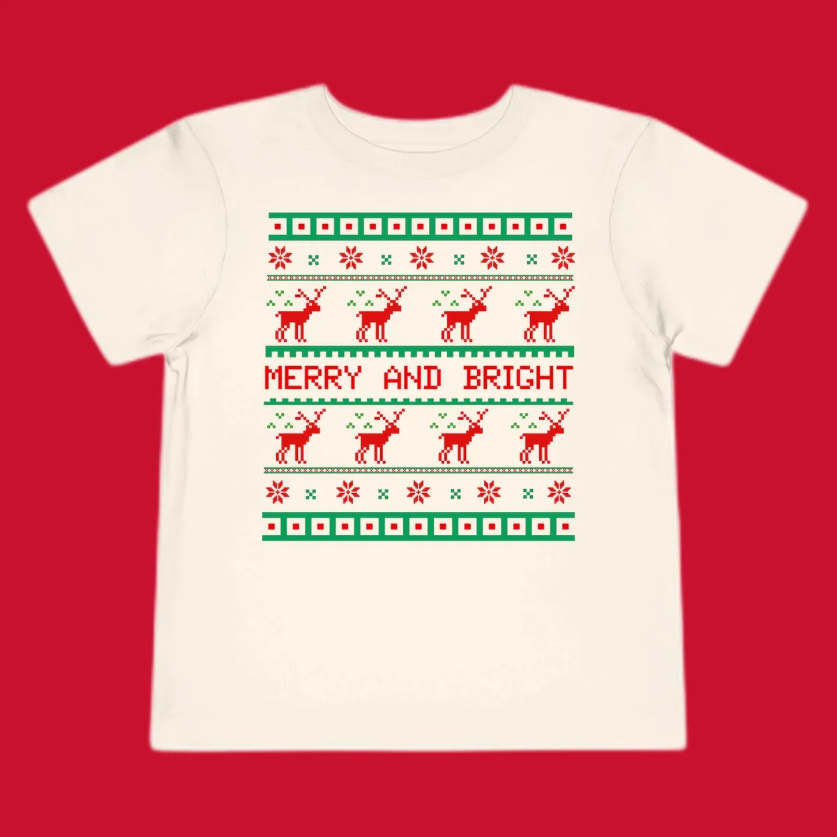 Ugly Christmas sweater pattern with reindeer and 'Merry and Bright' text, red and green on black.