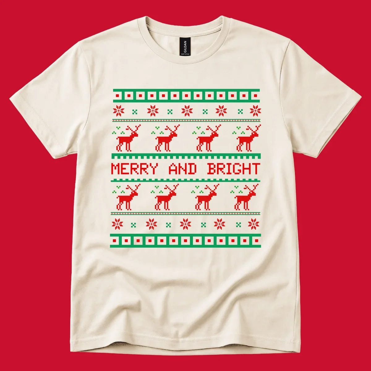 Ugly Christmas sweater pattern with reindeer and 'Merry and Bright' text, red and green on black.