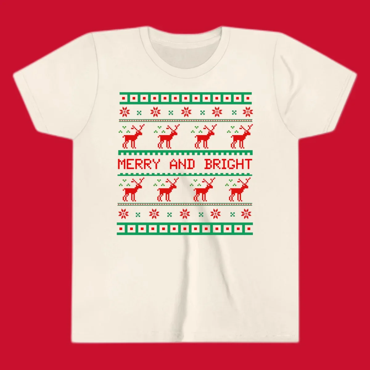 Ugly Christmas sweater pattern with reindeer and 'Merry and Bright' text, red and green on black.