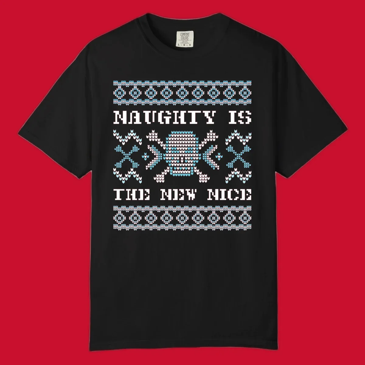 Naughty is the new nice skull and crossbones graphic in blue and white on black.