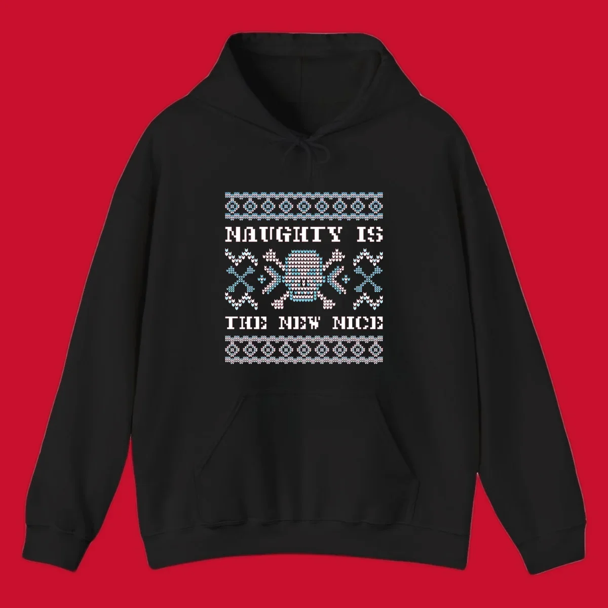 Naughty is the new nice skull and crossbones graphic in blue and white on black.