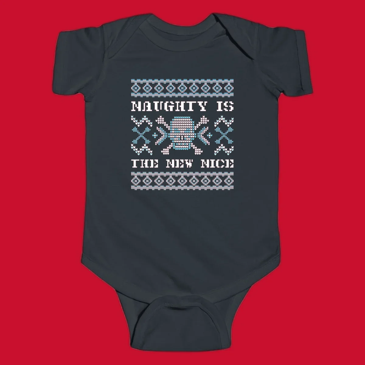 Naughty is the new nice skull and crossbones graphic in blue and white on black.