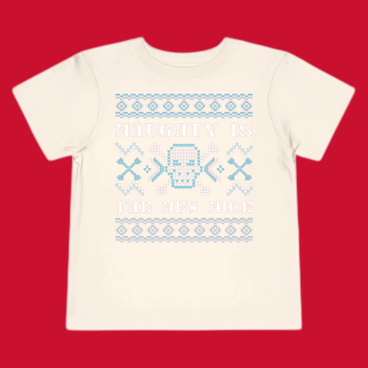 Naughty is the new nice skull and crossbones graphic in blue and white on black.