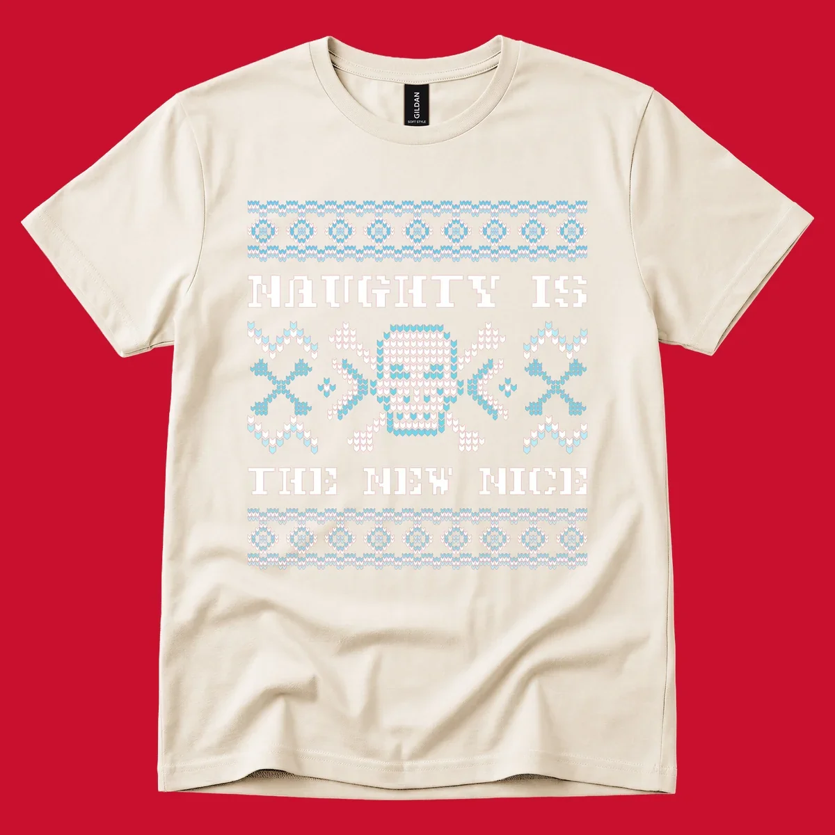Naughty is the new nice skull and crossbones graphic in blue and white on black.