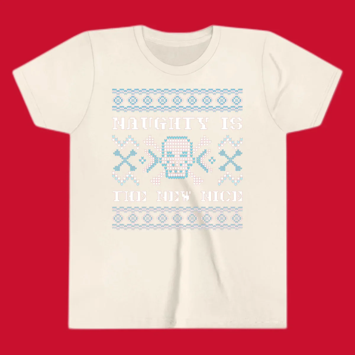 Naughty is the new nice skull and crossbones graphic in blue and white on black.