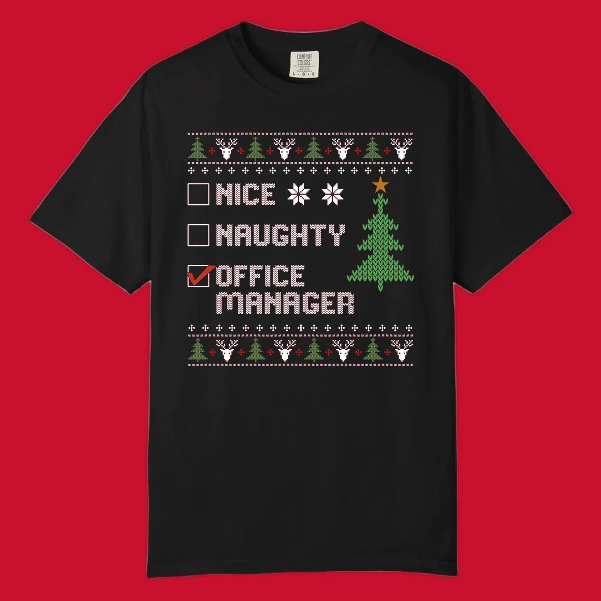 Office manager Christmas checklist design with 'OFFICE MANAGER' checked, featuring a Christmas tree.