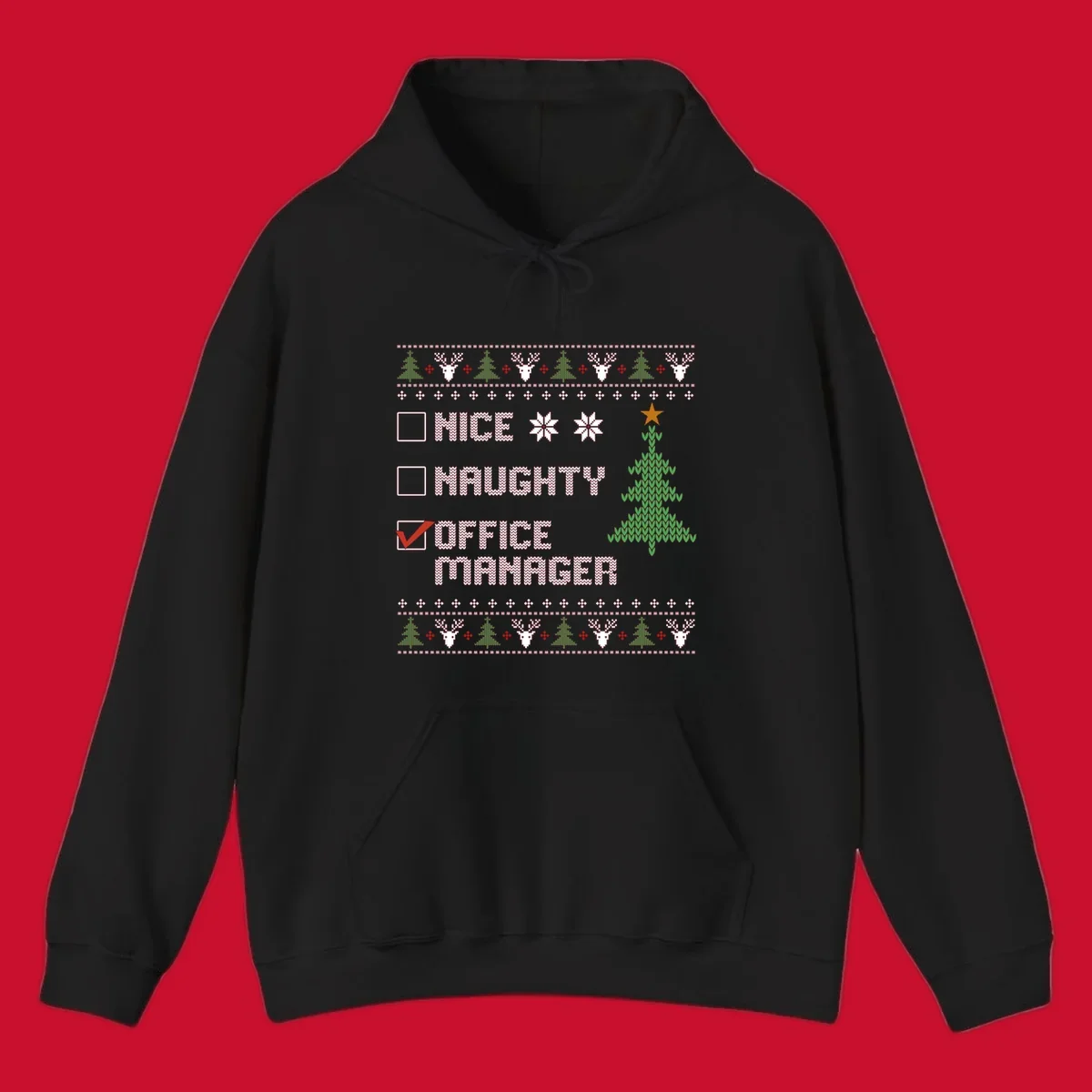 Office manager Christmas checklist design with 'OFFICE MANAGER' checked, featuring a Christmas tree.