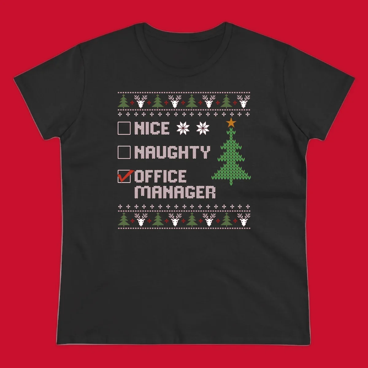 Office manager Christmas checklist design with 'OFFICE MANAGER' checked, featuring a Christmas tree.