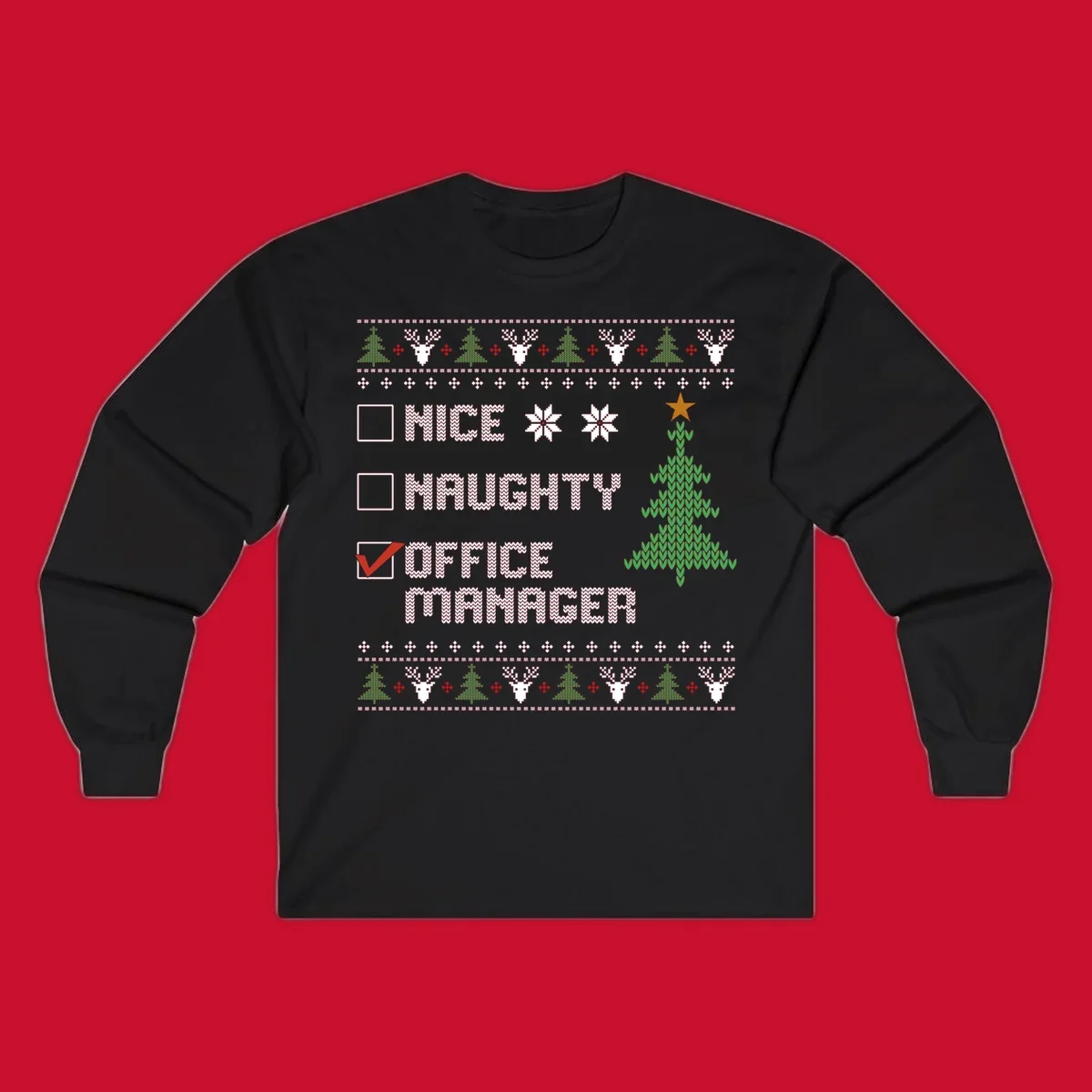 Office manager Christmas checklist design with 'OFFICE MANAGER' checked, featuring a Christmas tree.