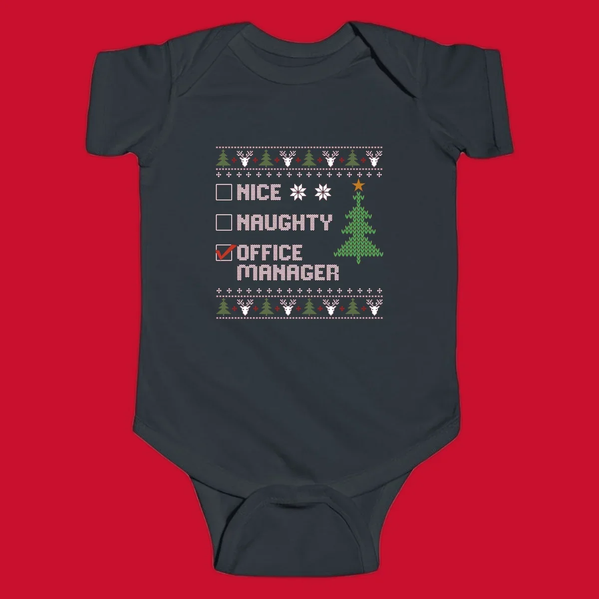 Office manager Christmas checklist design with 'OFFICE MANAGER' checked, featuring a Christmas tree.