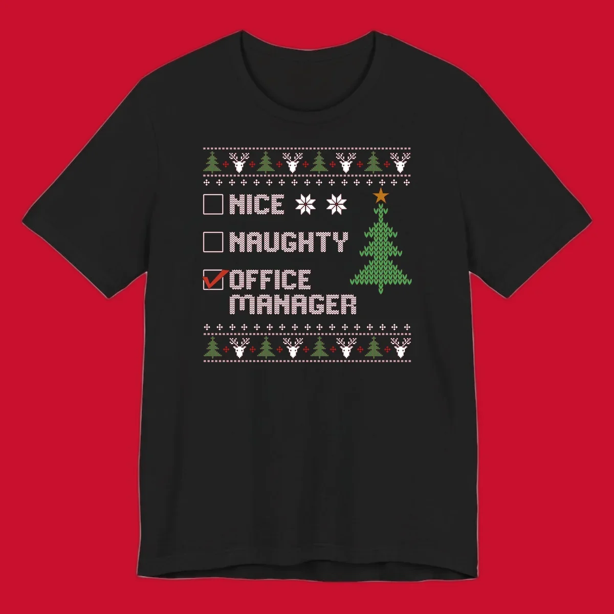 Office manager Christmas checklist design with 'OFFICE MANAGER' checked, featuring a Christmas tree.