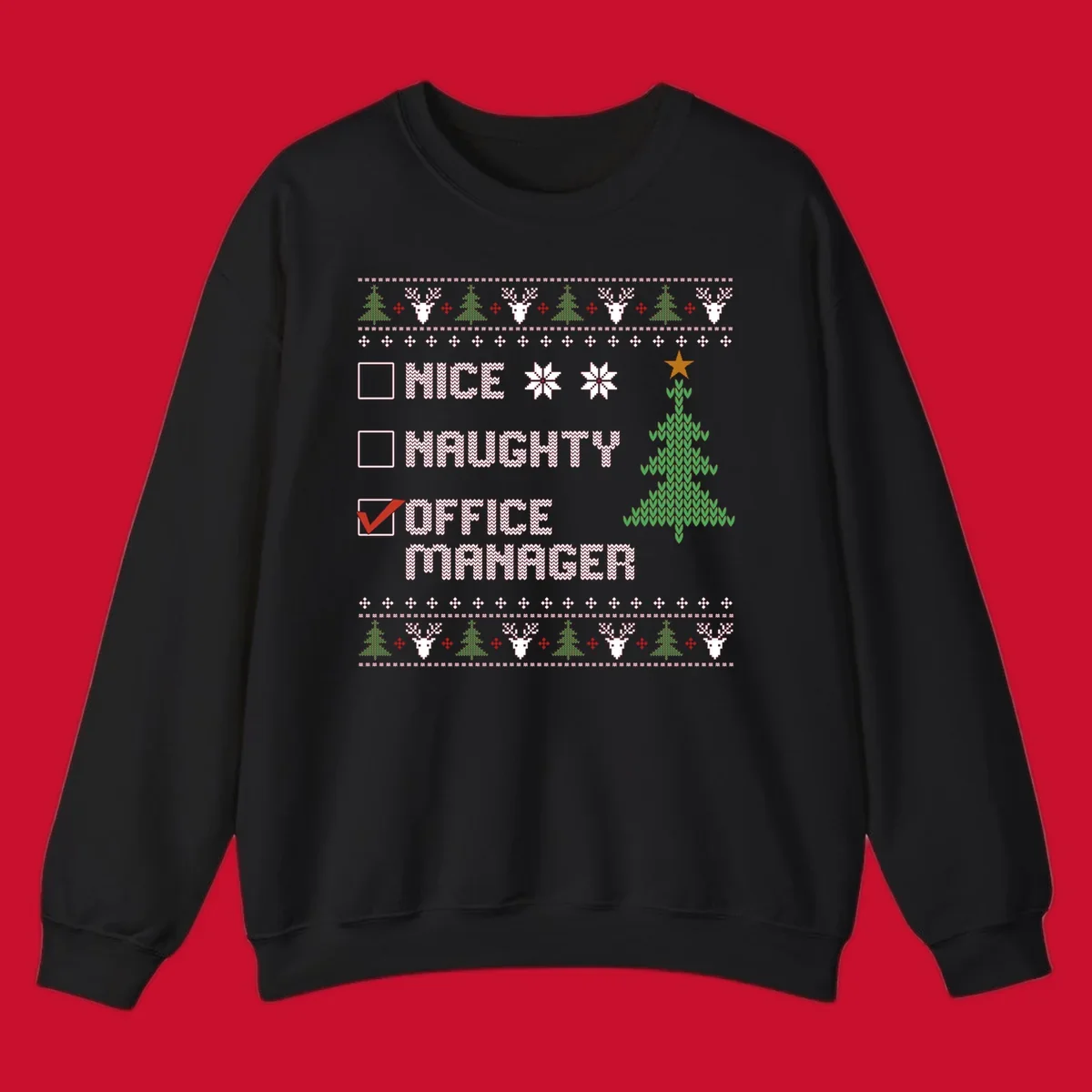 Office manager Christmas checklist design with 'OFFICE MANAGER' checked, featuring a Christmas tree.