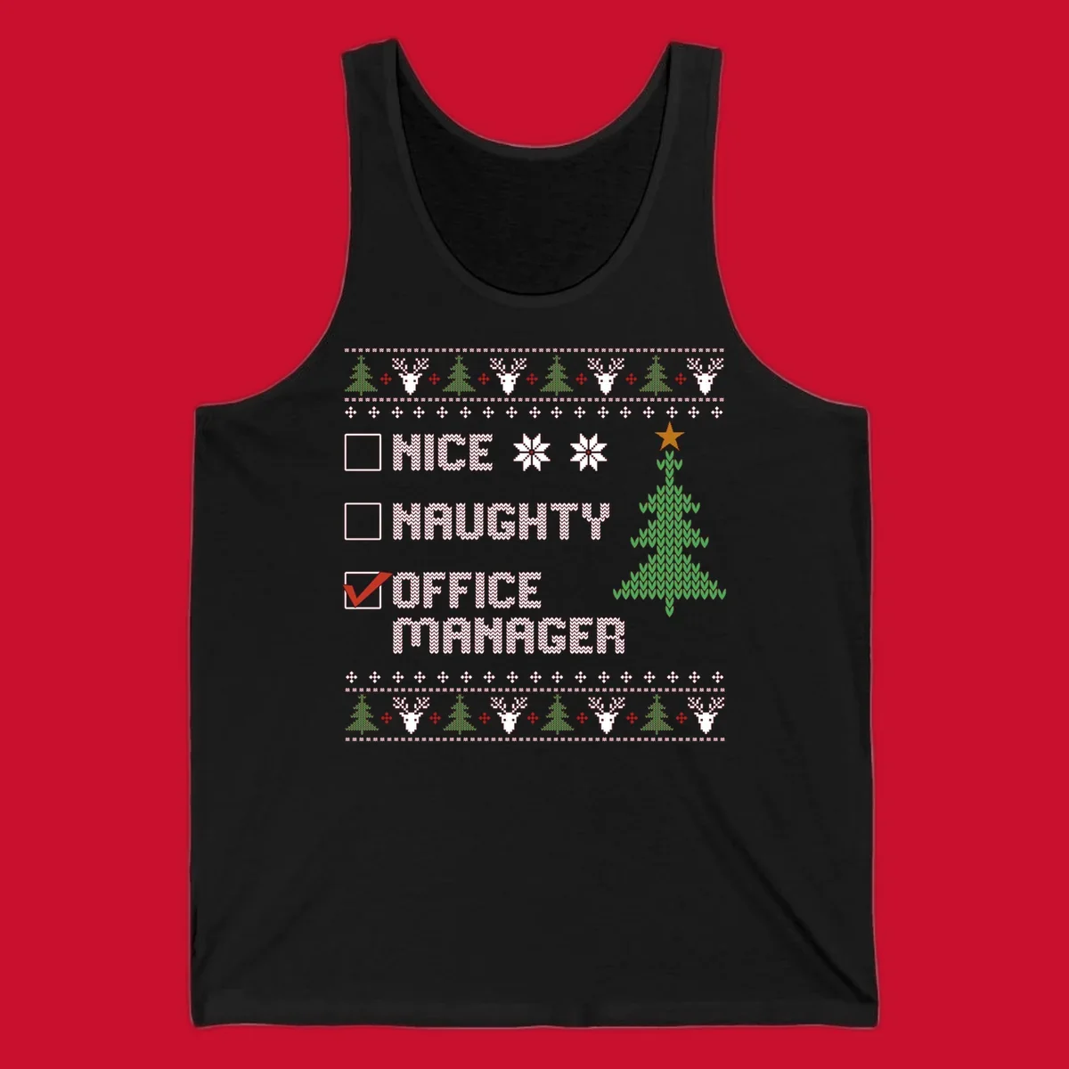 Office manager Christmas checklist design with 'OFFICE MANAGER' checked, featuring a Christmas tree.