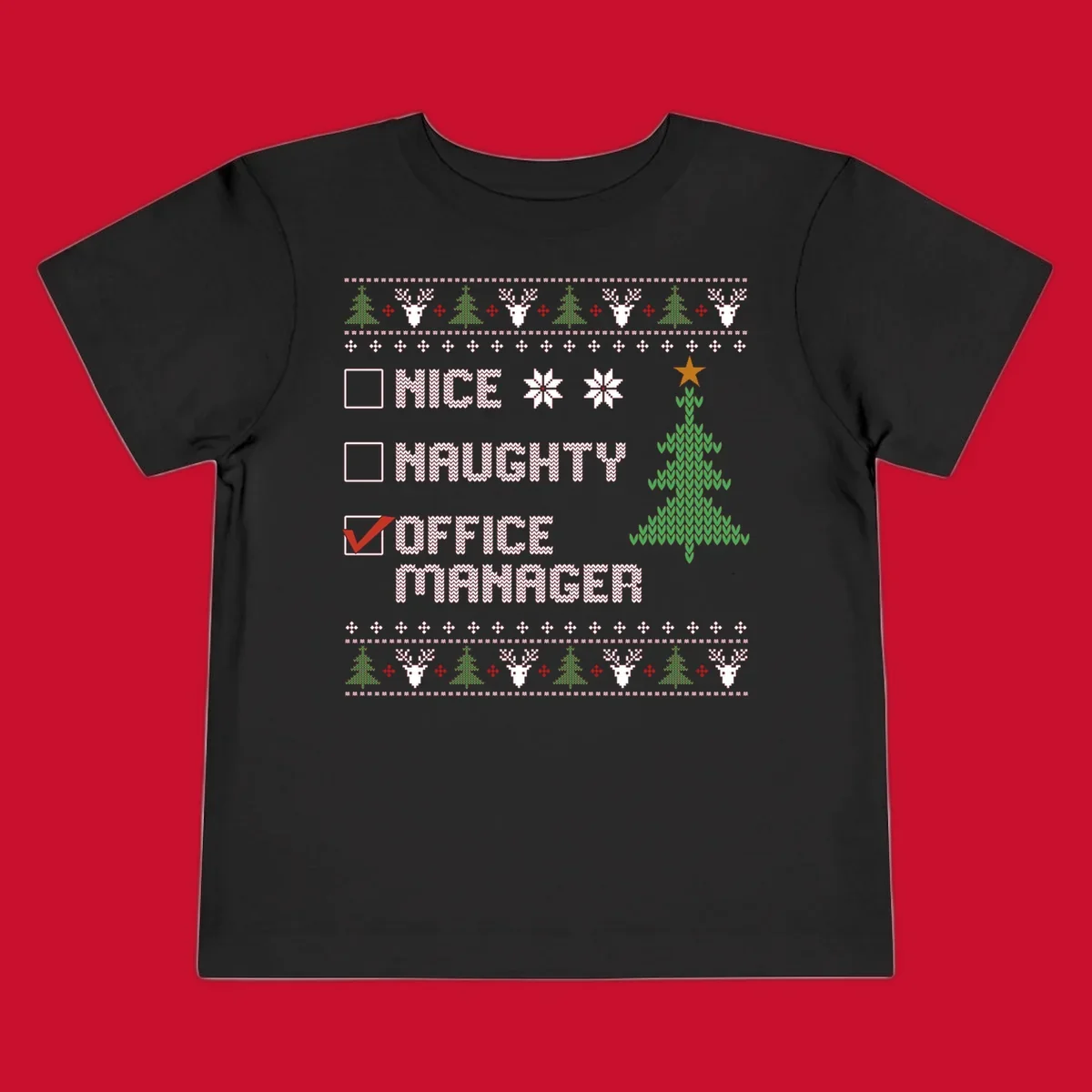 Office manager Christmas checklist design with 'OFFICE MANAGER' checked, featuring a Christmas tree.