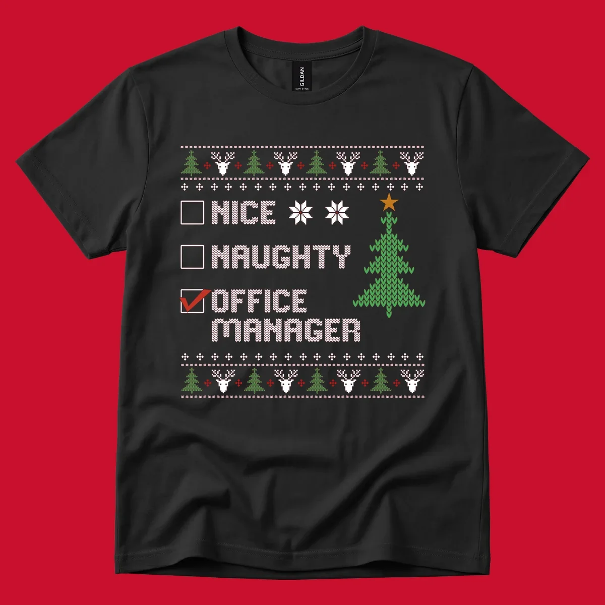 Office manager Christmas checklist design with 'OFFICE MANAGER' checked, featuring a Christmas tree.