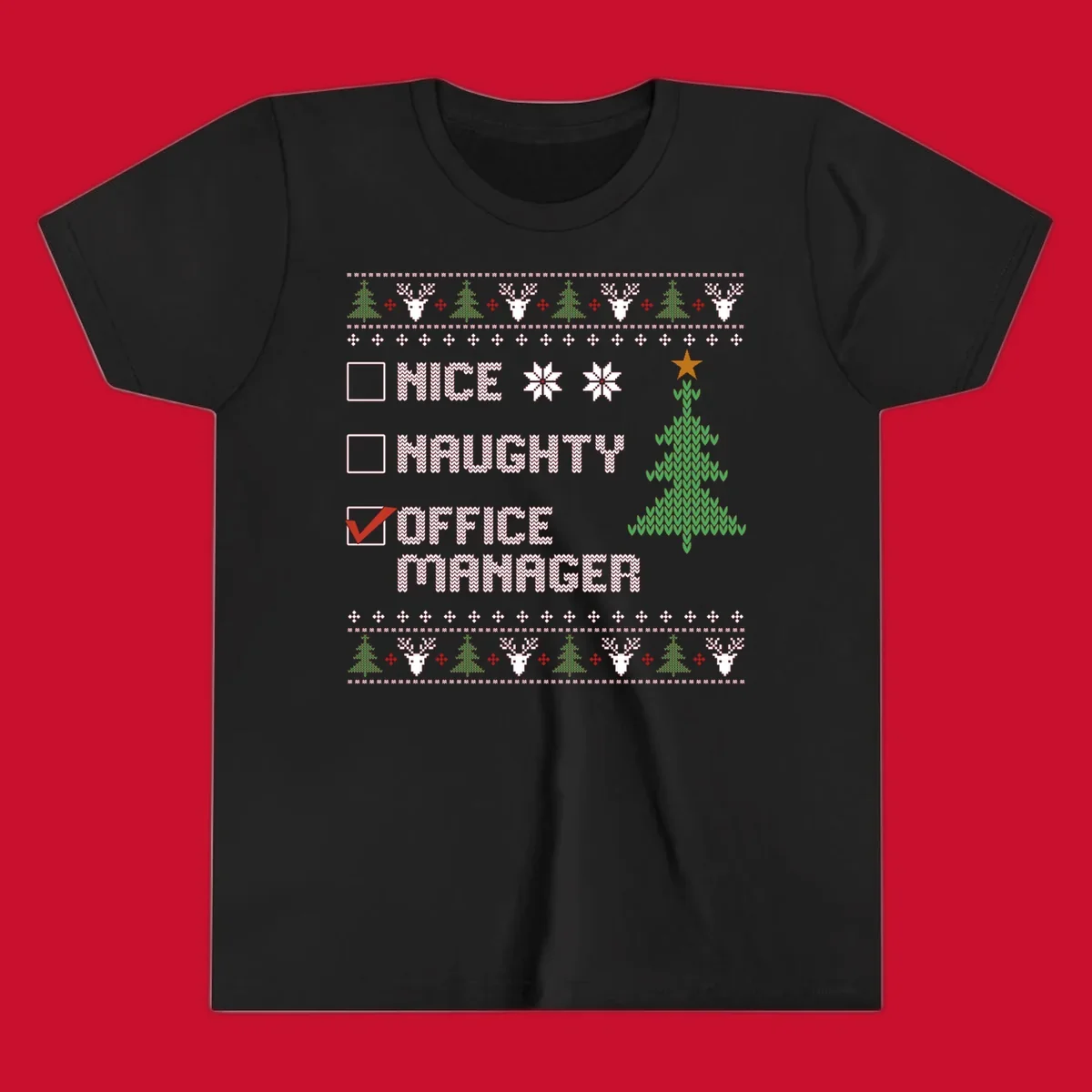 Office manager Christmas checklist design with 'OFFICE MANAGER' checked, featuring a Christmas tree.