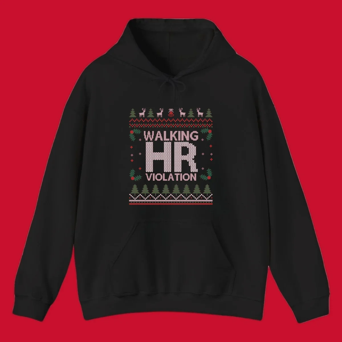 Walking HR Violation ugly Christmas sweater design with festive holiday borders.
