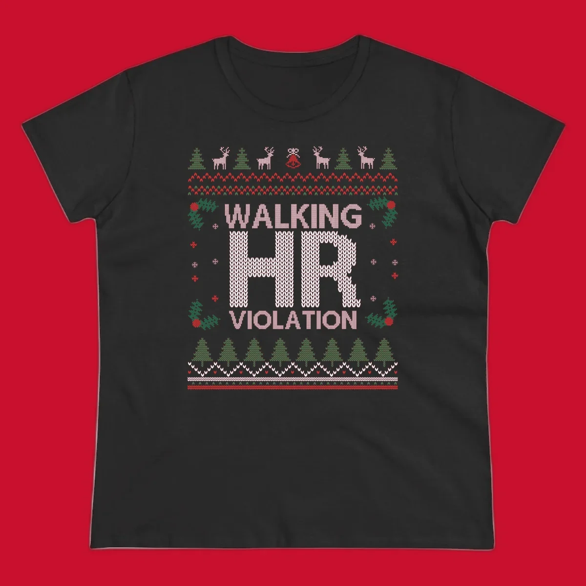 Walking HR Violation ugly Christmas sweater design with festive holiday borders.