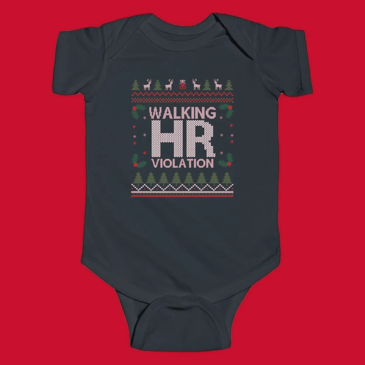 Walking HR Violation ugly Christmas sweater design with festive holiday borders.