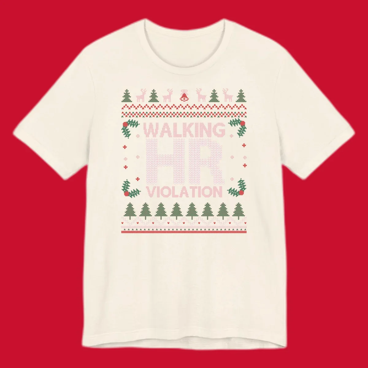 Walking HR Violation ugly Christmas sweater design with festive holiday borders.