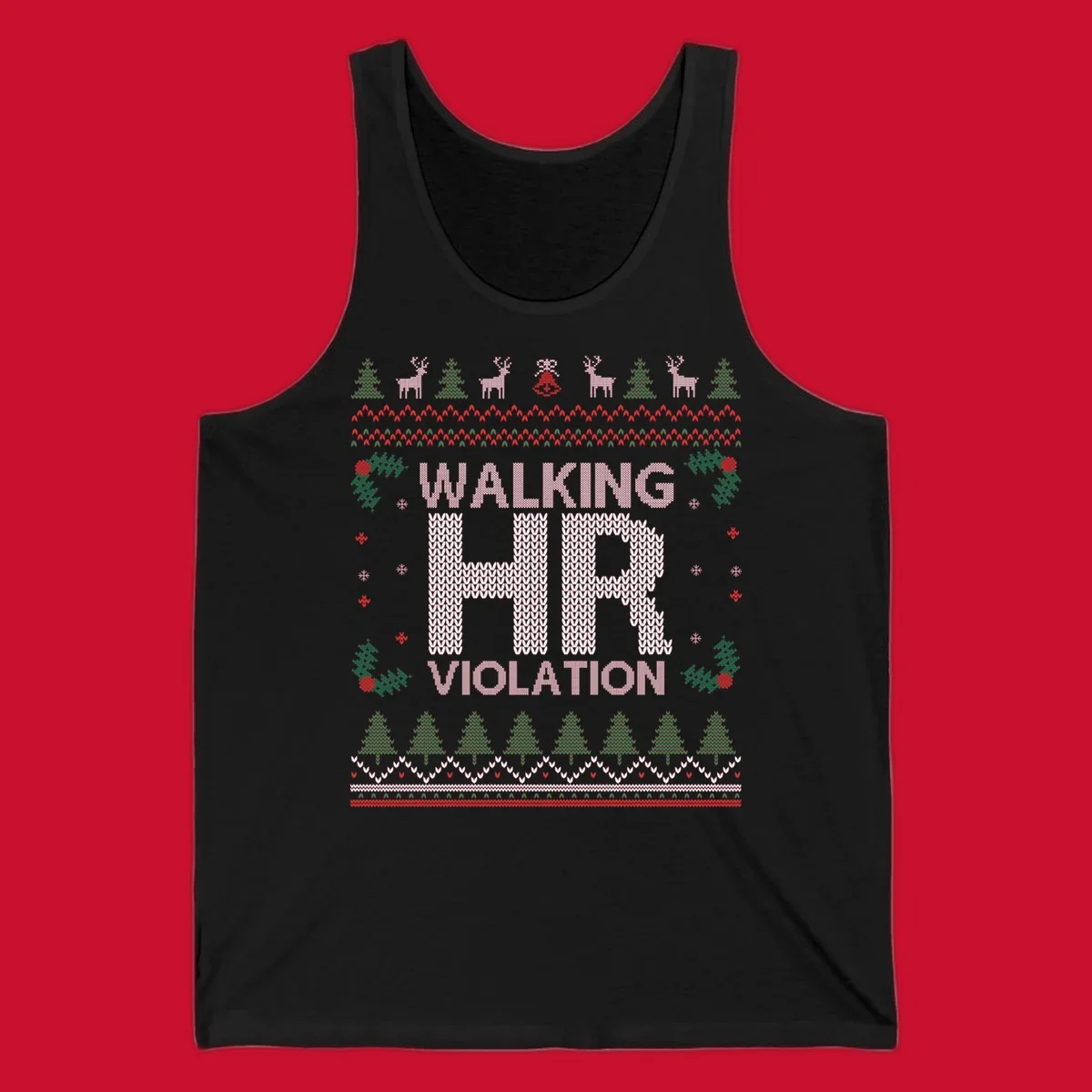 Walking HR Violation ugly Christmas sweater design with festive holiday borders.