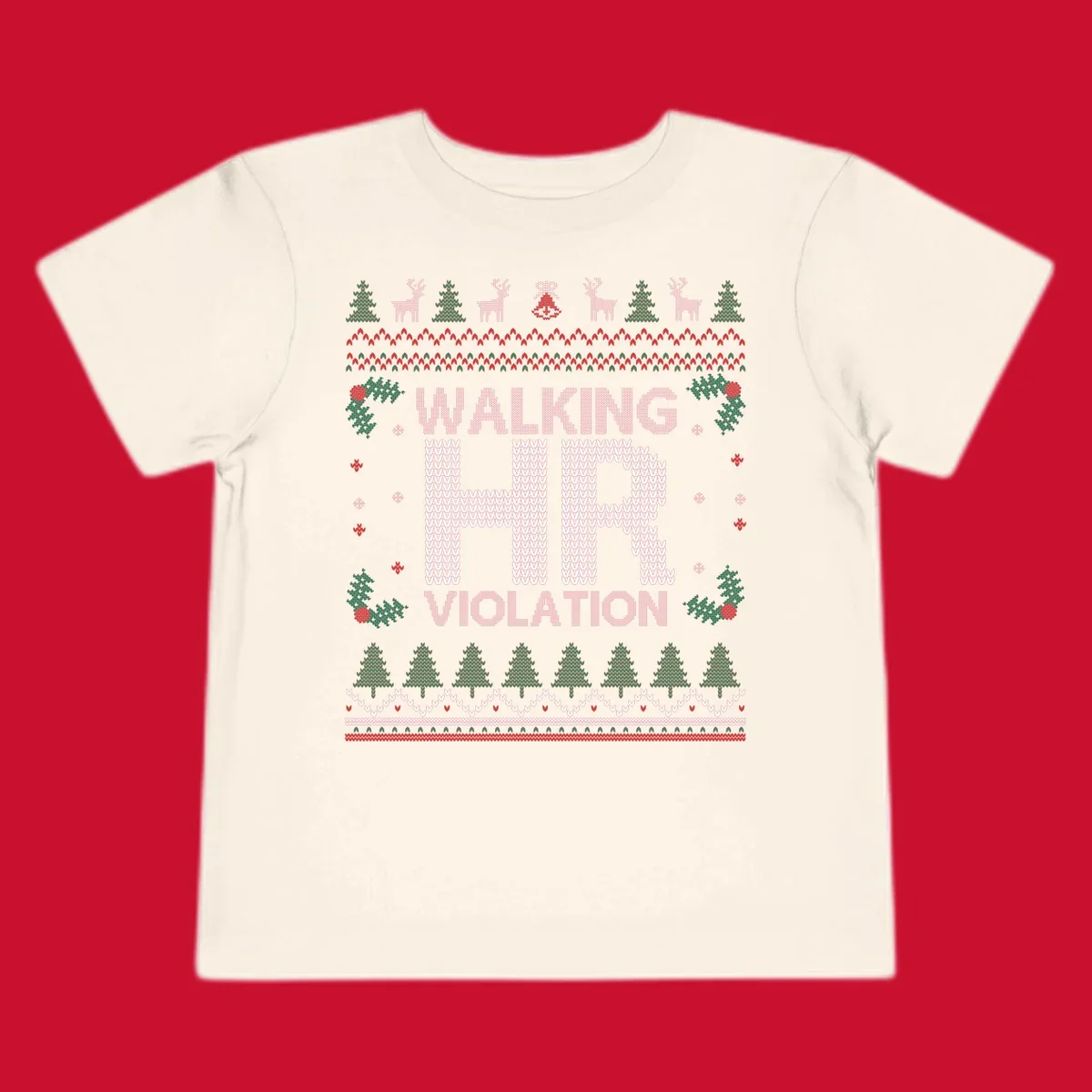 Walking HR Violation ugly Christmas sweater design with festive holiday borders.