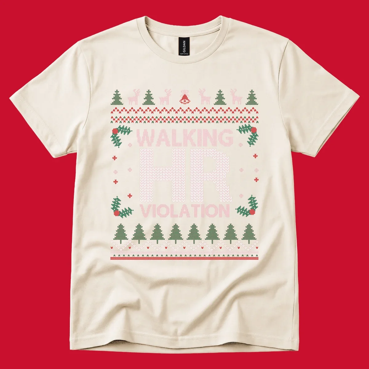 Walking HR Violation ugly Christmas sweater design with festive holiday borders.