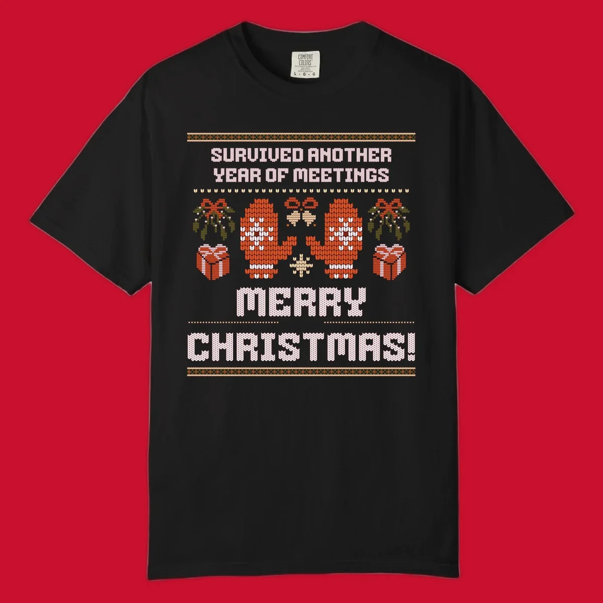 Text 'Survived Another Year Of Meetings' and 'Merry Christmas!' with lung graphics, presents, and mistletoe - meeting survivor christmas.