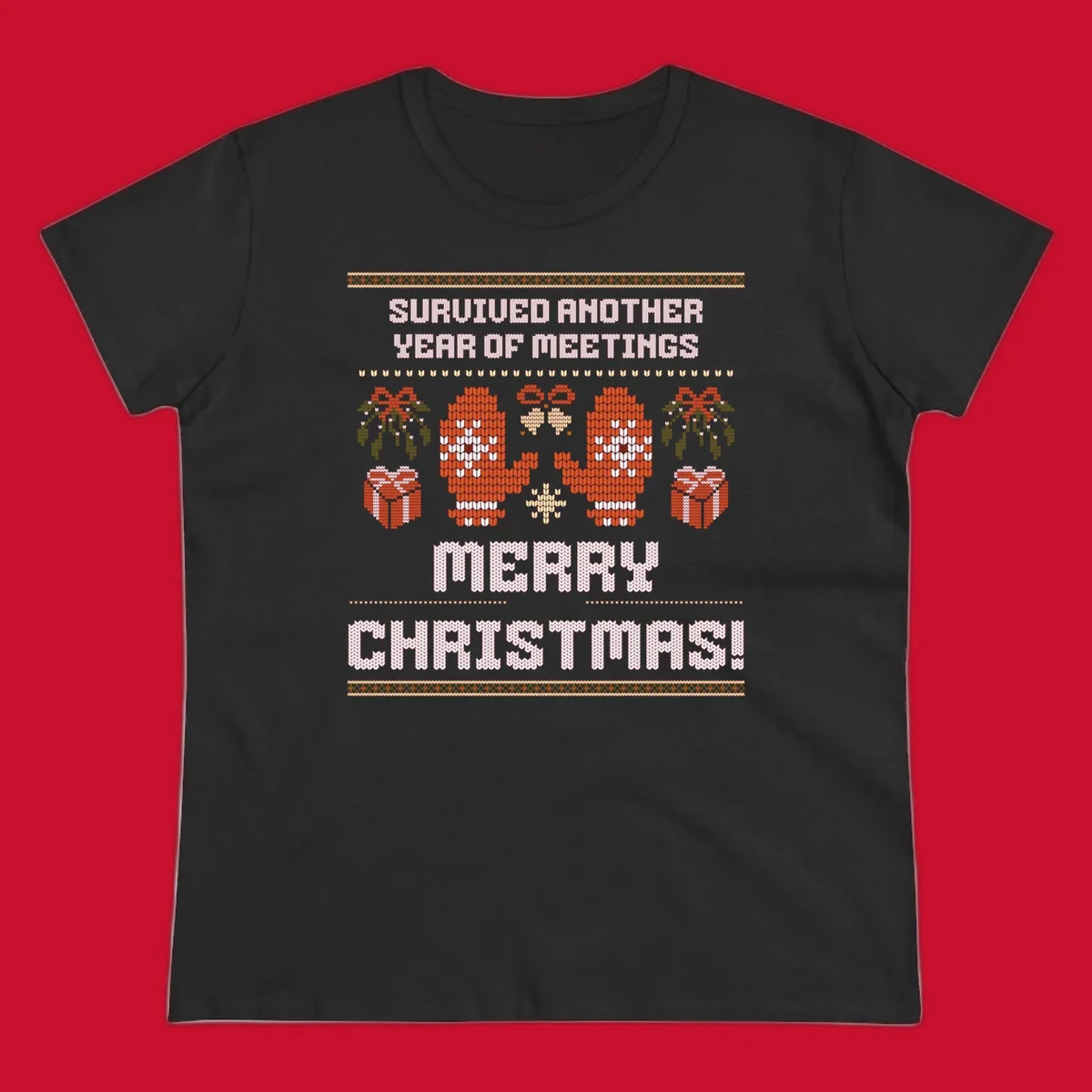 Text 'Survived Another Year Of Meetings' and 'Merry Christmas!' with lung graphics, presents, and mistletoe - meeting survivor christmas.
