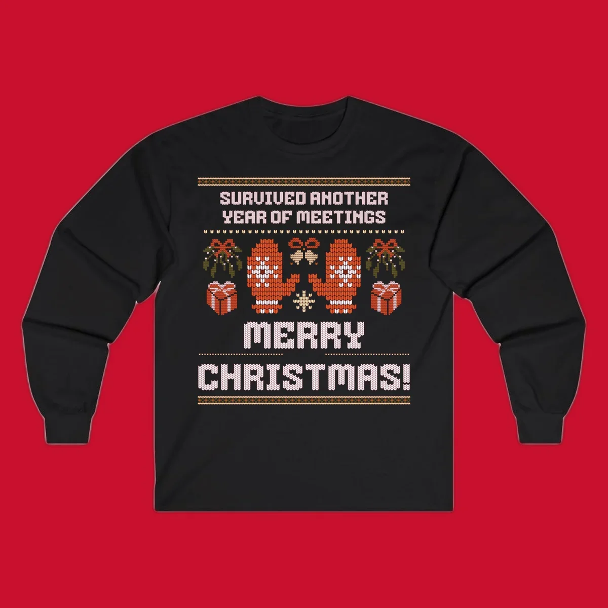 Text 'Survived Another Year Of Meetings' and 'Merry Christmas!' with lung graphics, presents, and mistletoe - meeting survivor christmas.