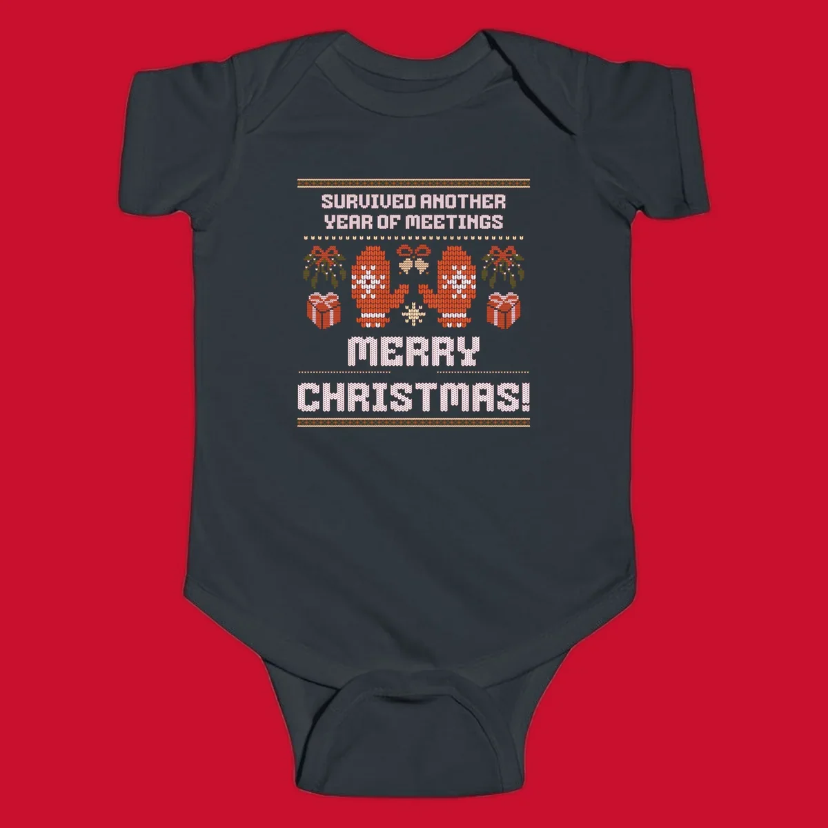 Text 'Survived Another Year Of Meetings' and 'Merry Christmas!' with lung graphics, presents, and mistletoe - meeting survivor christmas.