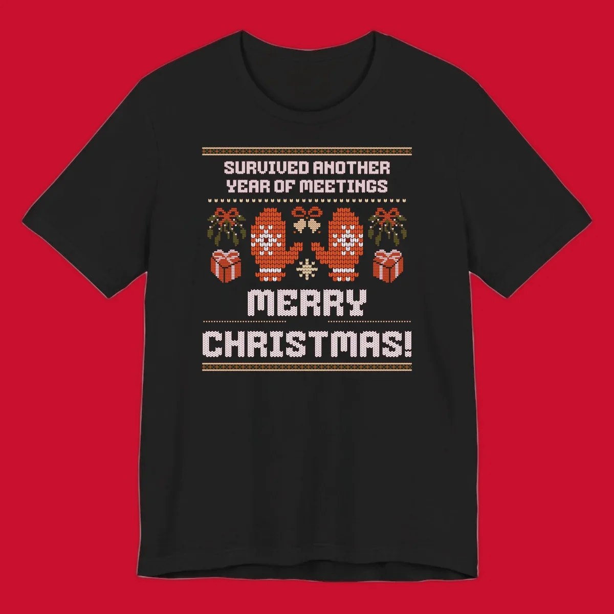 Text 'Survived Another Year Of Meetings' and 'Merry Christmas!' with lung graphics, presents, and mistletoe - meeting survivor christmas.