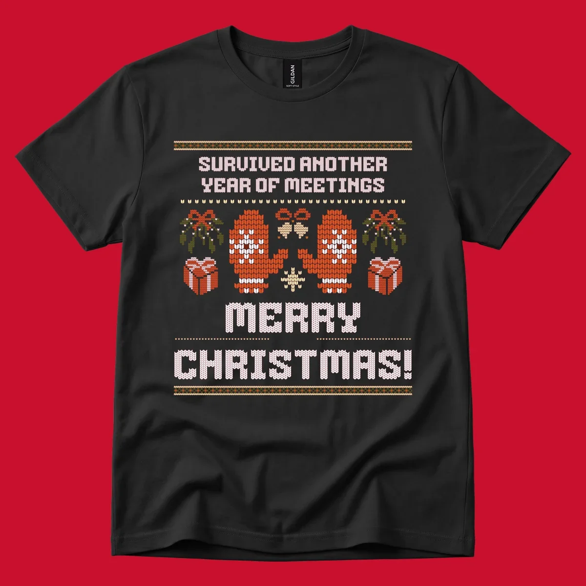 Text 'Survived Another Year Of Meetings' and 'Merry Christmas!' with lung graphics, presents, and mistletoe - meeting survivor christmas.