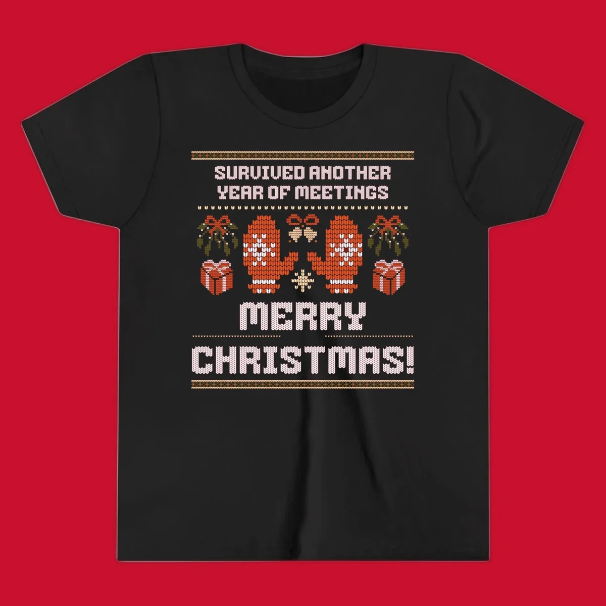Text 'Survived Another Year Of Meetings' and 'Merry Christmas!' with lung graphics, presents, and mistletoe - meeting survivor christmas.