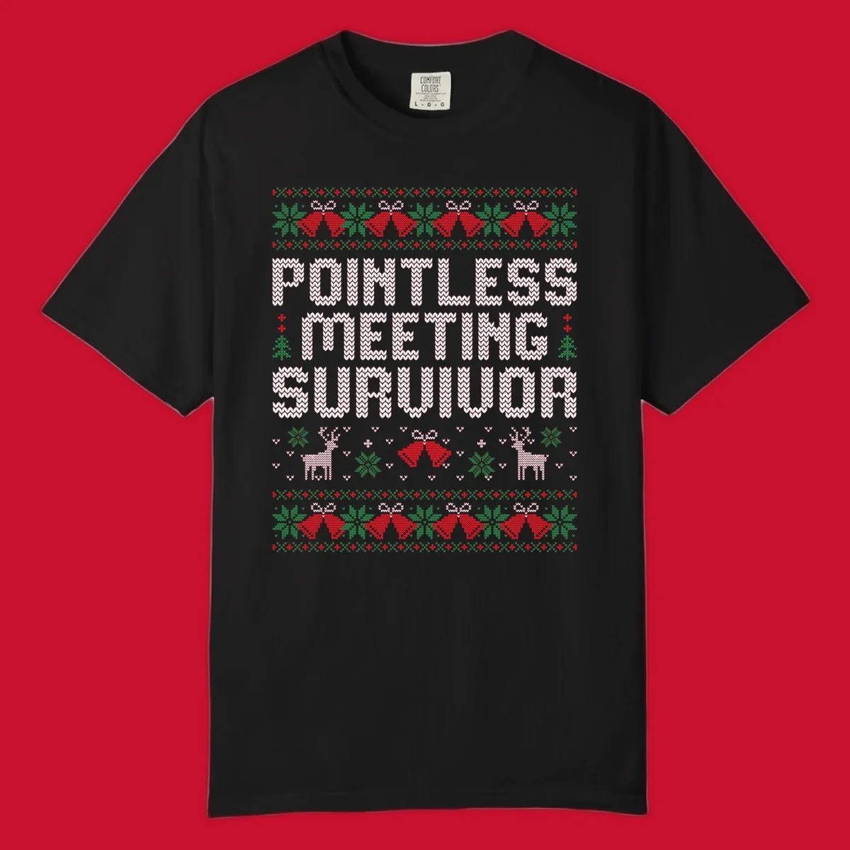 Pointless meeting survivor text with ugly christmas sweater elements like reindeer and bells.
