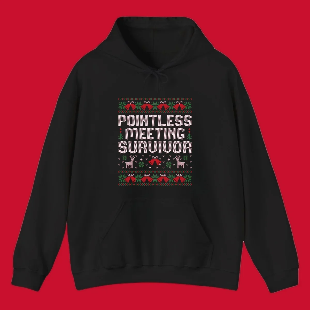 Pointless meeting survivor text with ugly christmas sweater elements like reindeer and bells.