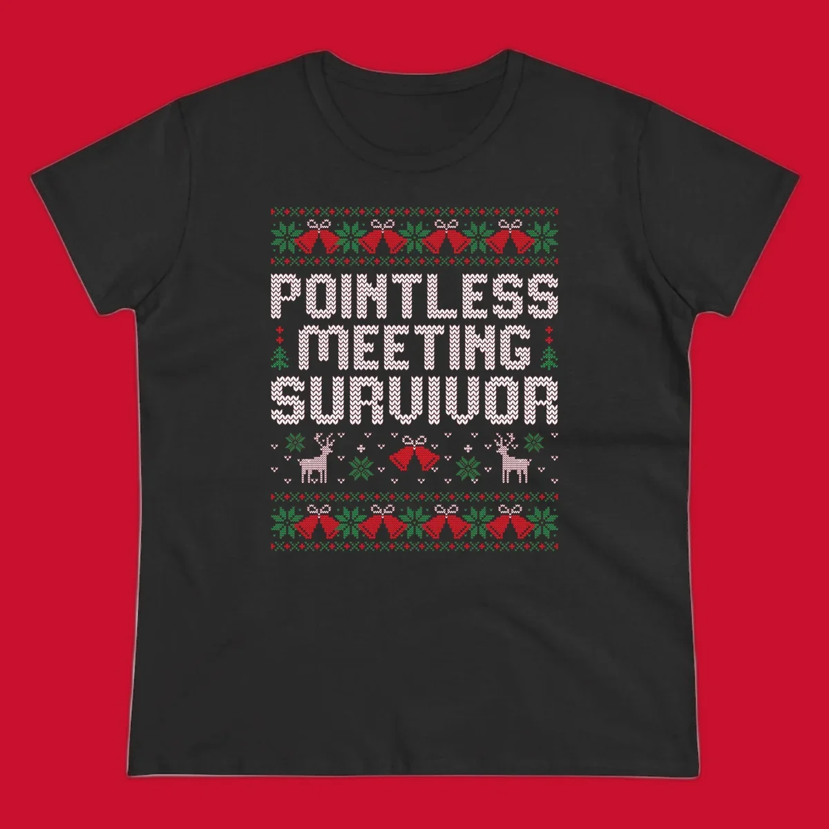 Pointless meeting survivor text with ugly christmas sweater elements like reindeer and bells.