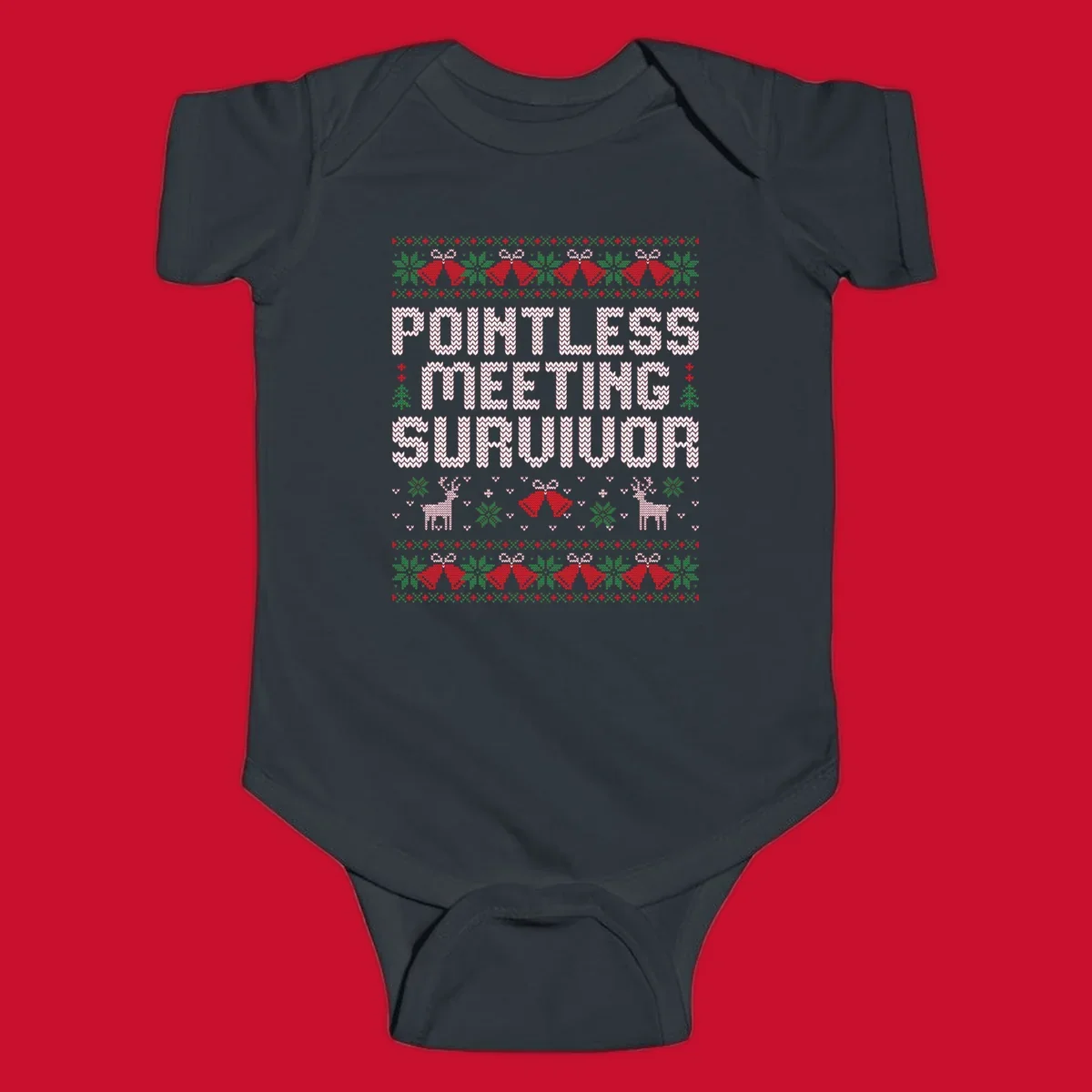 Pointless meeting survivor text with ugly christmas sweater elements like reindeer and bells.