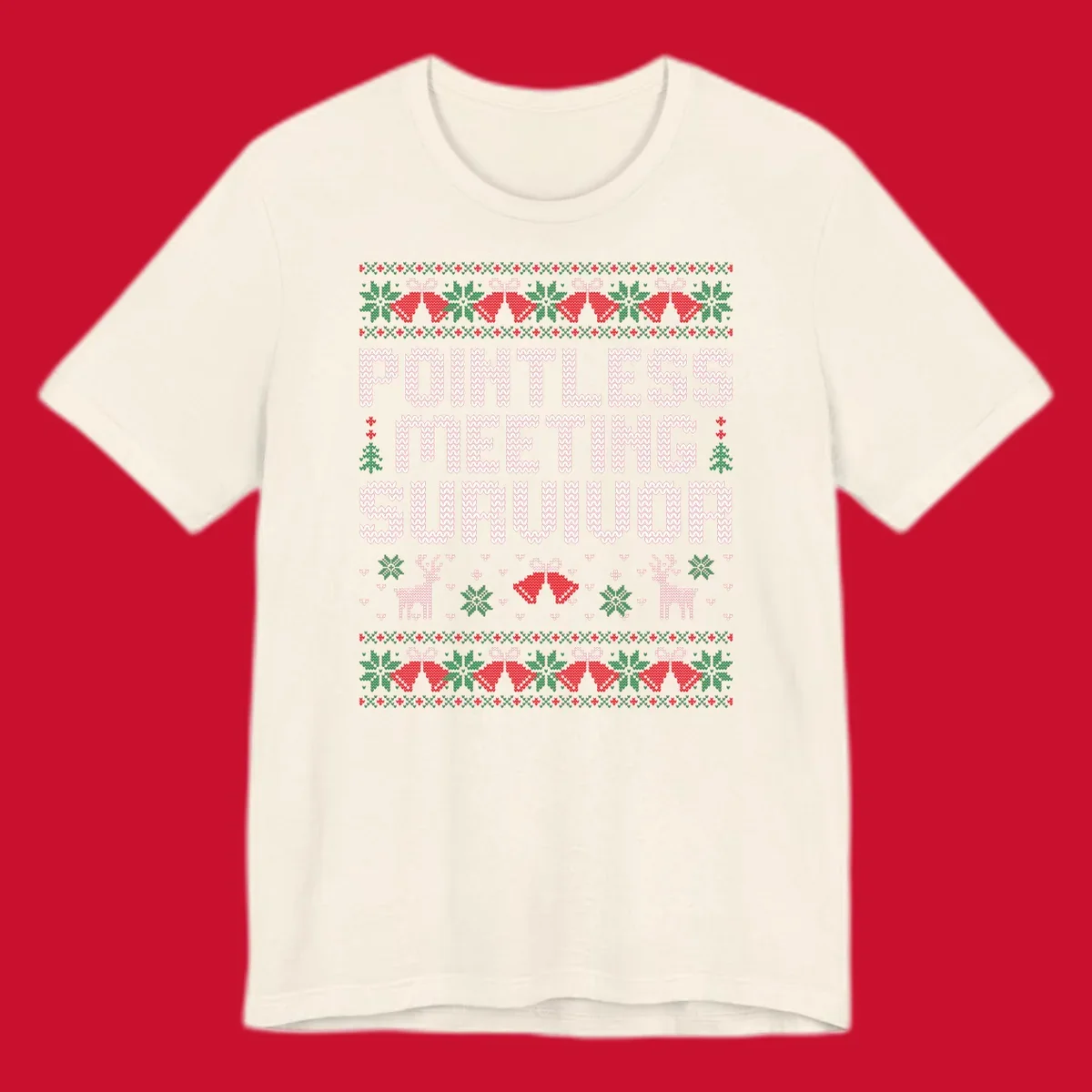 Pointless meeting survivor text with ugly christmas sweater elements like reindeer and bells.